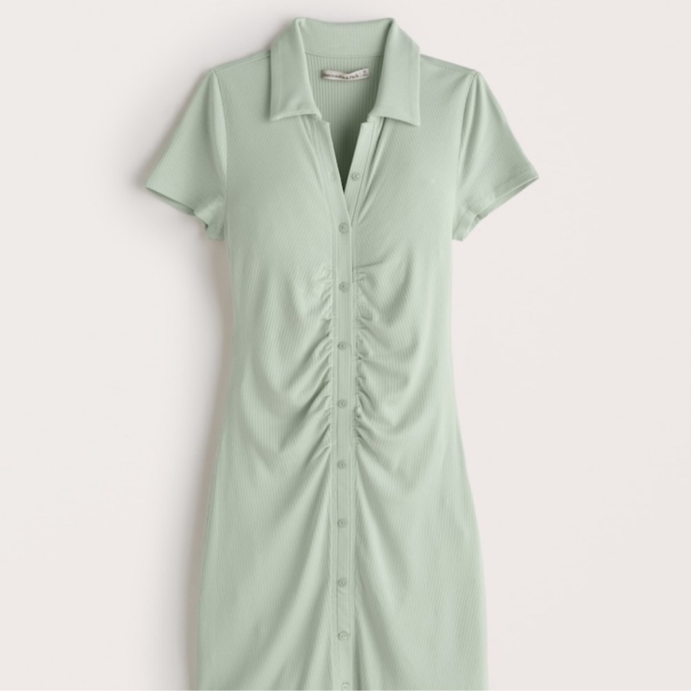 Abercrombie & Fitch Ruched Short Sleeves Button Down Polo Dress Mint Green Sz XS